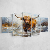 Highland Cow Portrait Oil Painting 5 Panels Canvas Prints Wall Art Home Decor, Large Mixed Canvas