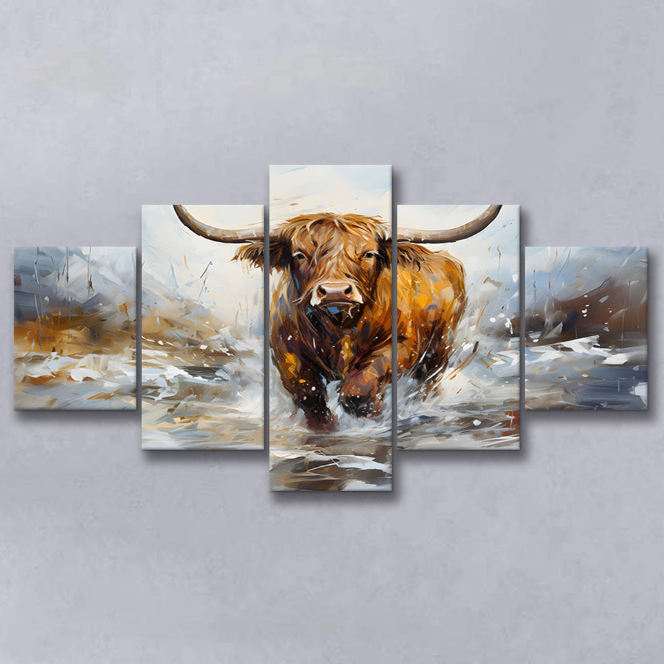 Highland Cow Portrait Oil Painting 5 Panels Canvas Prints Wall Art Home Decor, Large Mixed Canvas
