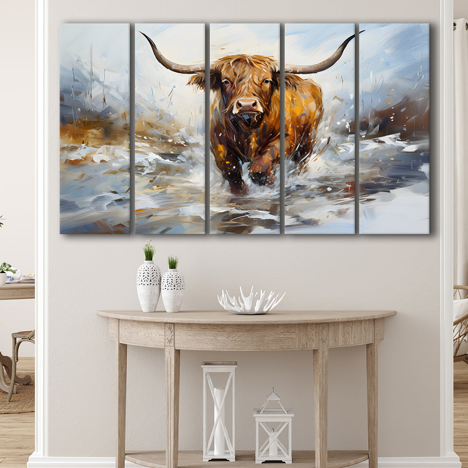 Highland Cow Portrait Oil Painting 5 Panels B Canvas Prints Wall Art Home Decor, Extra Large Canvas