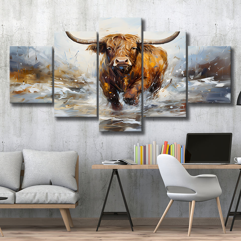 Highland Cow Portrait Oil Painting 5 Panels Canvas Prints Wall Art Home Decor, Large Mixed Canvas
