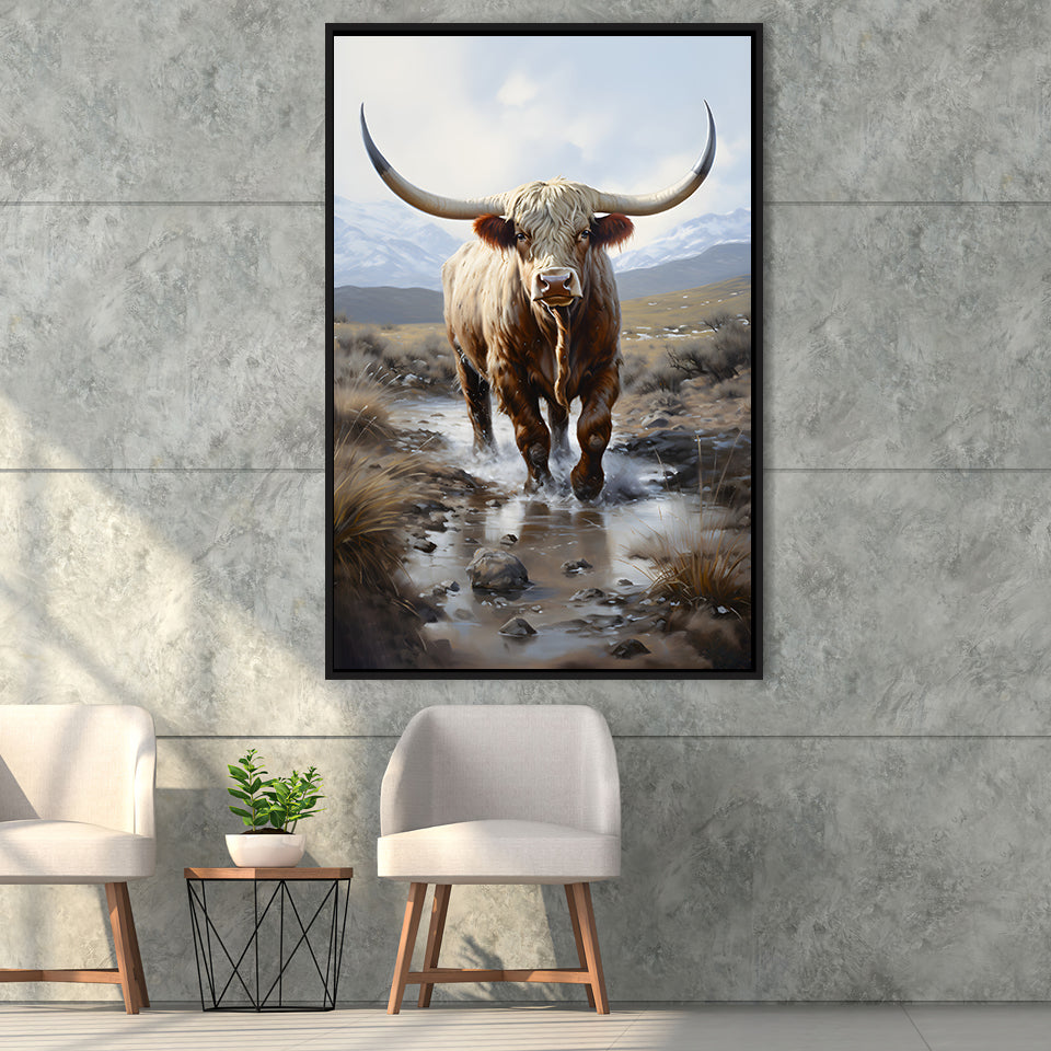 Highland Cow Portrait Painting Framed Canvas Prints Wall Art Home Decor, Painting Canvas, Floating Frame