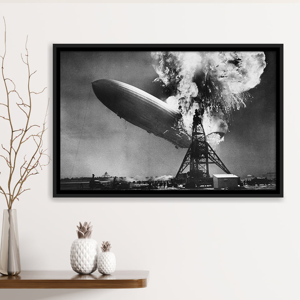 Hindenburg Disaster Black And White Print, Airship Crash Framed Canvas Prints Wall Art Home Decor,Floating Frame