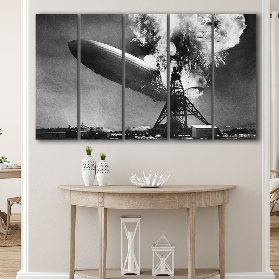 Hindenburg Disaster Black And White Print, Airship Crash Larger Canvas Art, 5 Piece Canvas Prints Wall Art Decor