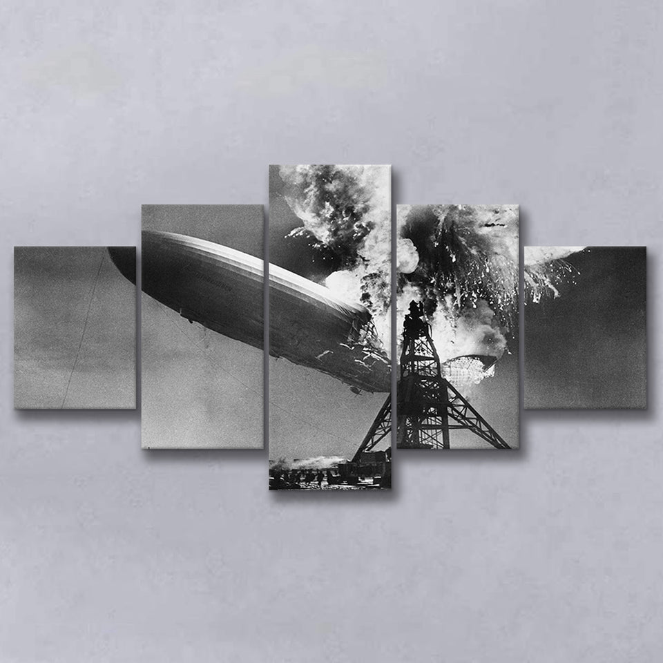 Hindenburg Disaster Black And White Print, Airship Crash 5 Panels, Canvas Prints Wall Art Decor, Large Canvas Art