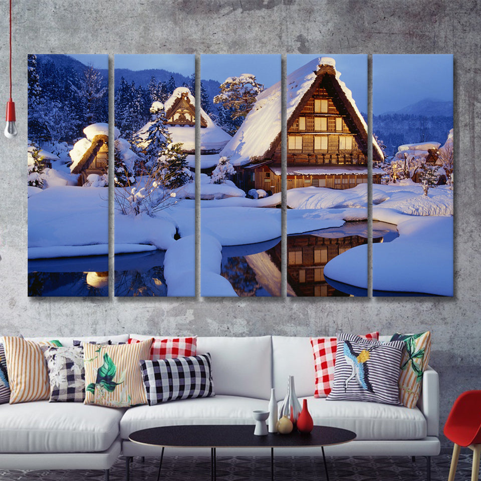 Historic Vill Of Shirakawa Go And Gokayama 5 Pieces B Canvas Prints Wall Art - Painting Canvas, Multi Panel, Wall Decor, Canvas Art