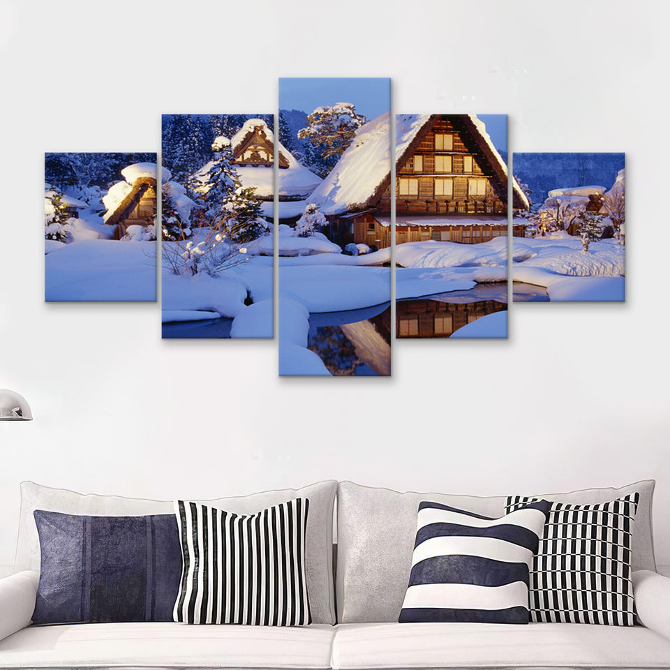 Historic Vill Of Shirakawa Go And Gokayama 5 Pieces Canvas Prints Wall Art - Painting Canvas, Multi Panel, Wall Decor, Canvas Art