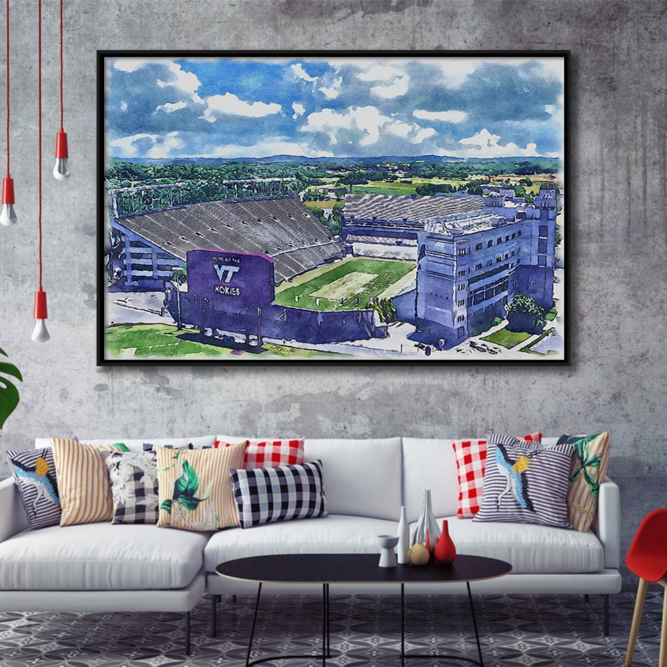 Hokies Football Stadium Lane Stadium Watercolor, Sport Art Prints Fan Gift, Framed Canvas Prints Wall Art Decor