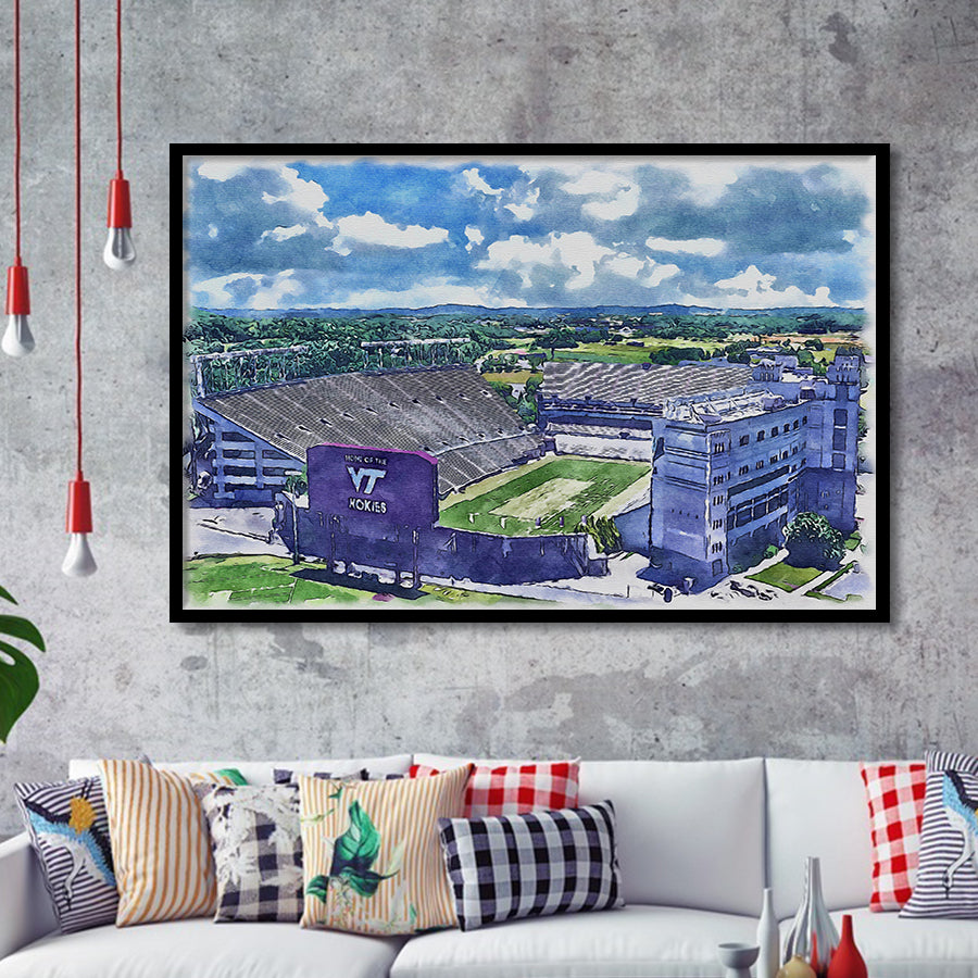 Hokies Football Stadium Lane Stadium Watercolor, Sport Prints Fan Gift, Framed Art Prints Wall Art Decor