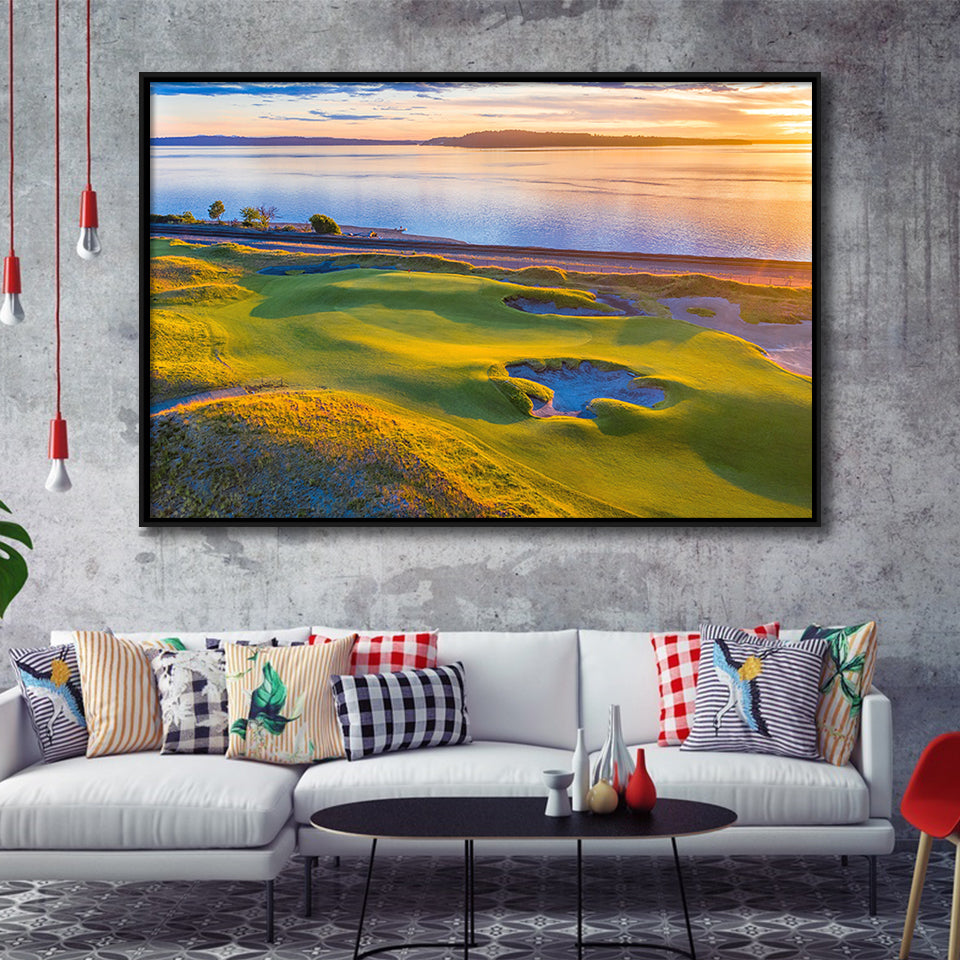 Hole 17, Chambers Bay Golf Course, Golf Art Print, Framed Canvas Prints Wall Art Decor, Floating Frame