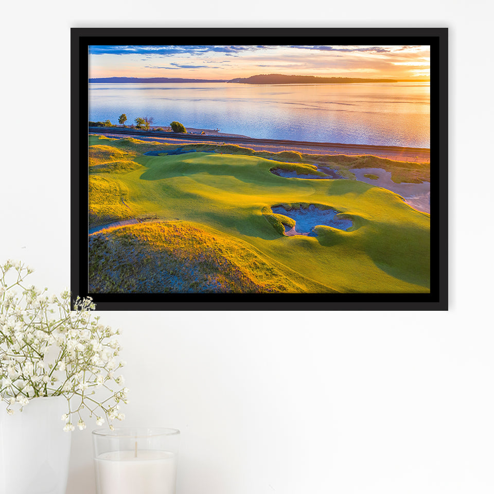 Hole 17, Chambers Bay Golf Course, Golf Art Print, Framed Canvas Prints Wall Art Decor, Floating Frame