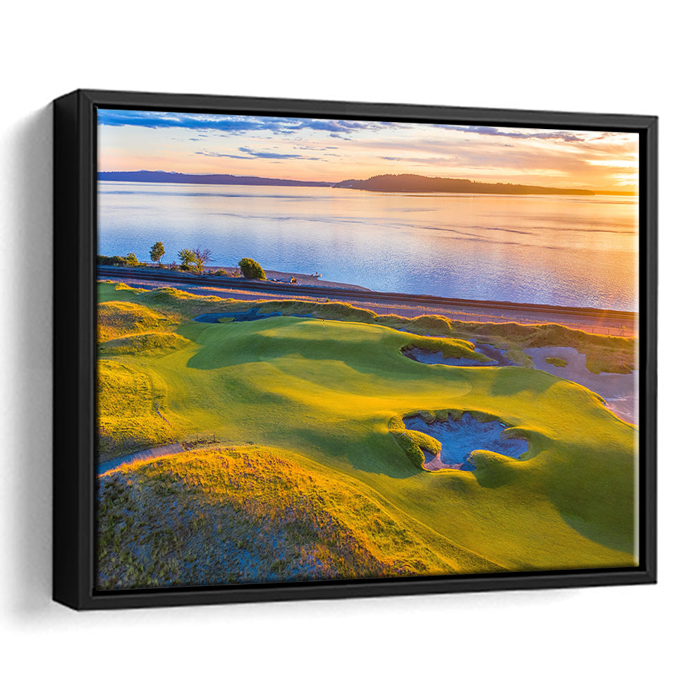 Hole 17, Chambers Bay Golf Course, Golf Art Print, Framed Canvas Prints Wall Art Decor, Floating Frame