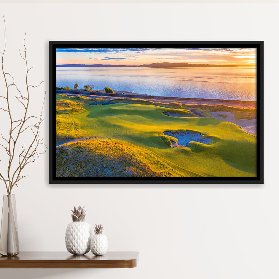 Hole 17, Chambers Bay Golf Course, Golf Art Print, Framed Canvas Prints Wall Art Decor, Floating Frame