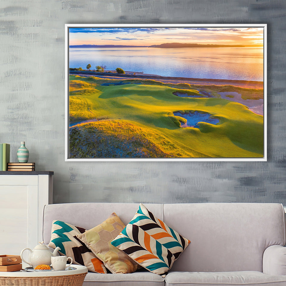 Hole 17, Chambers Bay Golf Course, Golf Art Print, Framed Canvas Prints Wall Art Decor, Floating Frame