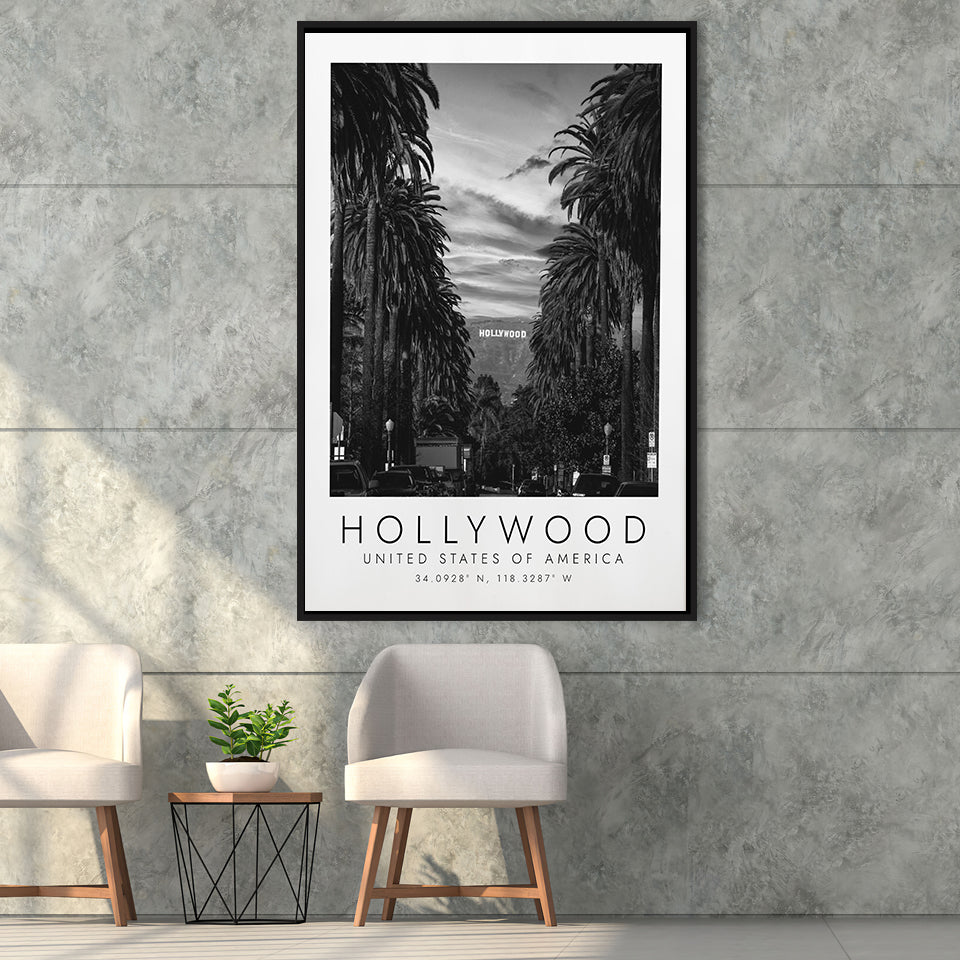 Hollywood, Usa Black And White Art Framed Canvas Prints Wall Art Home Decor, Floating Frame