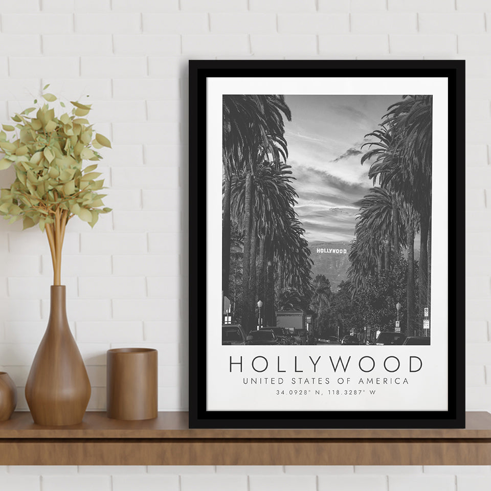 Hollywood, Usa Black And White Art Framed Canvas Prints Wall Art Home Decor, Floating Frame