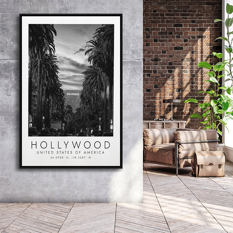 Hollywood, Usa Black And White Art Framed Canvas Prints Wall Art Home Decor, Floating Frame