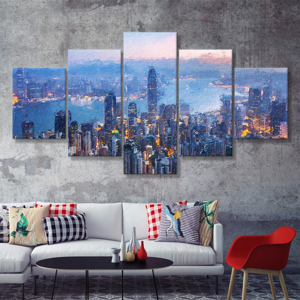 Hong Kong City at Night 5 Piece Canvas Prints Wall Art Decor - Painting Canvas, Multi Panels
