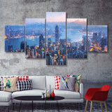 Hong Kong City at Night 5 Piece Canvas Prints Wall Art Decor - Painting Canvas, Multi Panels