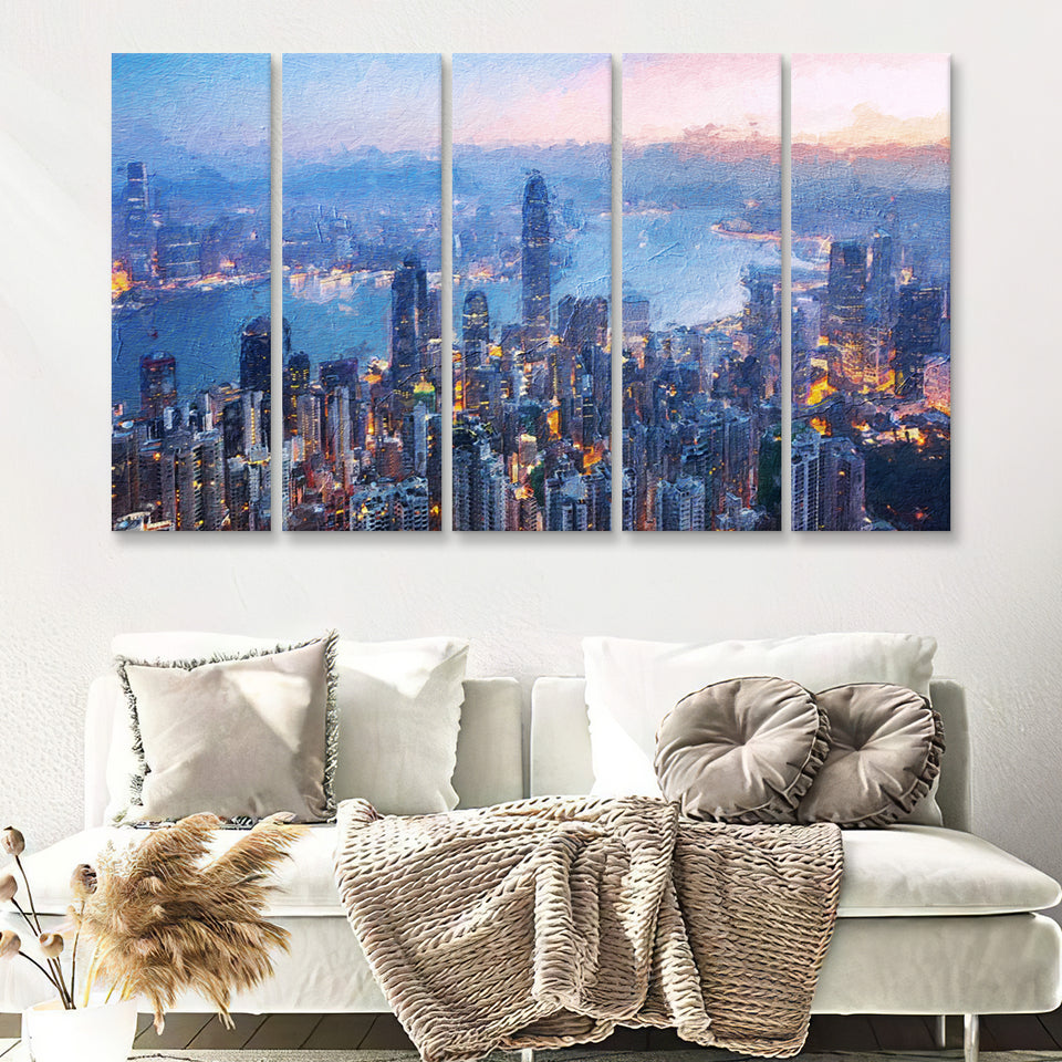 Hong Kong City at Night 5 Piece B Canvas Prints Wall Art Decor - Painting Canvas, Multi Panels