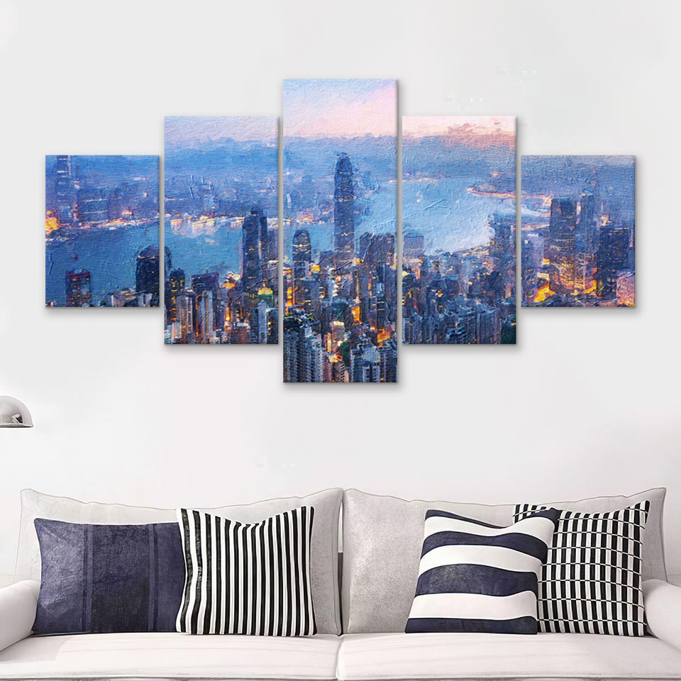 Hong Kong City at Night 5 Piece Canvas Prints Wall Art Decor - Painting Canvas, Multi Panels
