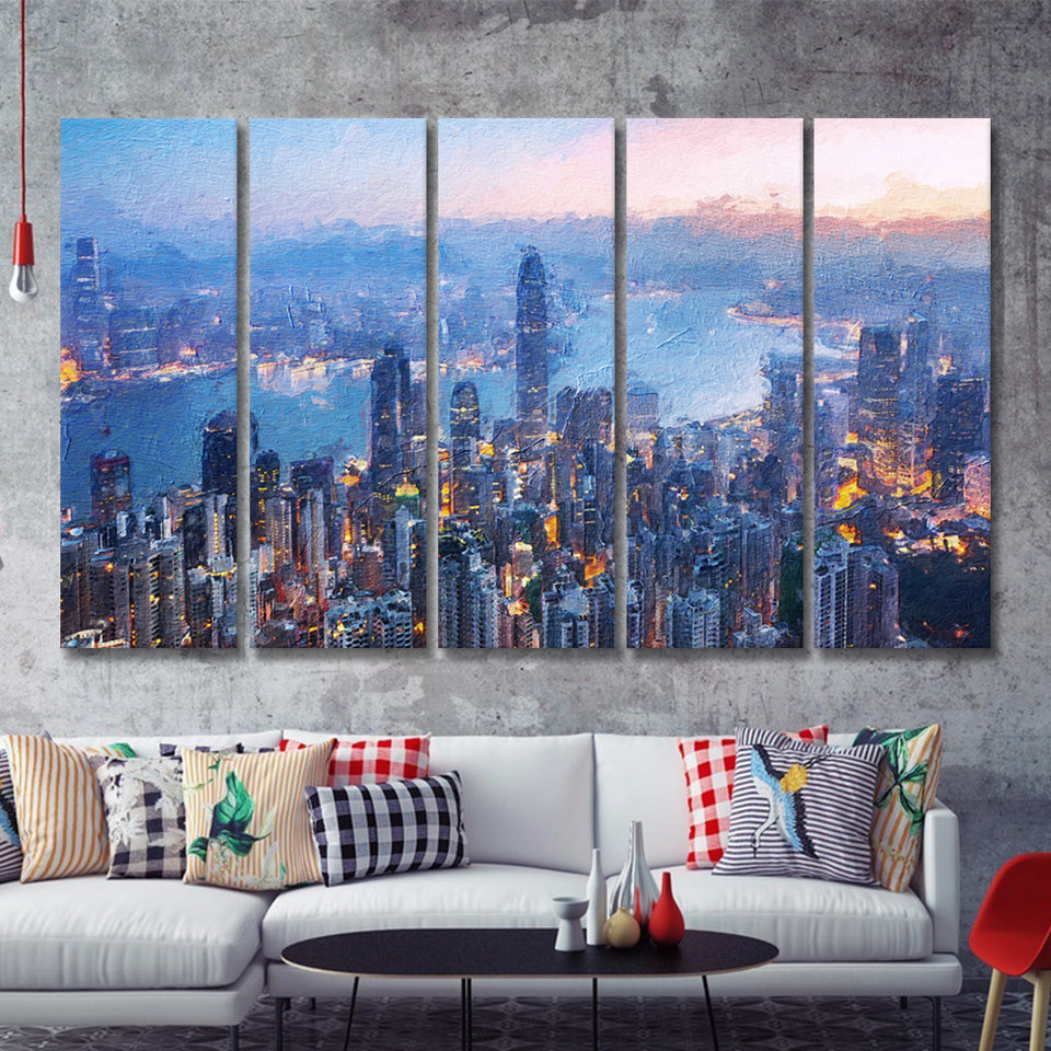 Hong Kong City at Night 5 Piece B Canvas Prints Wall Art Decor - Painting Canvas, Multi Panels