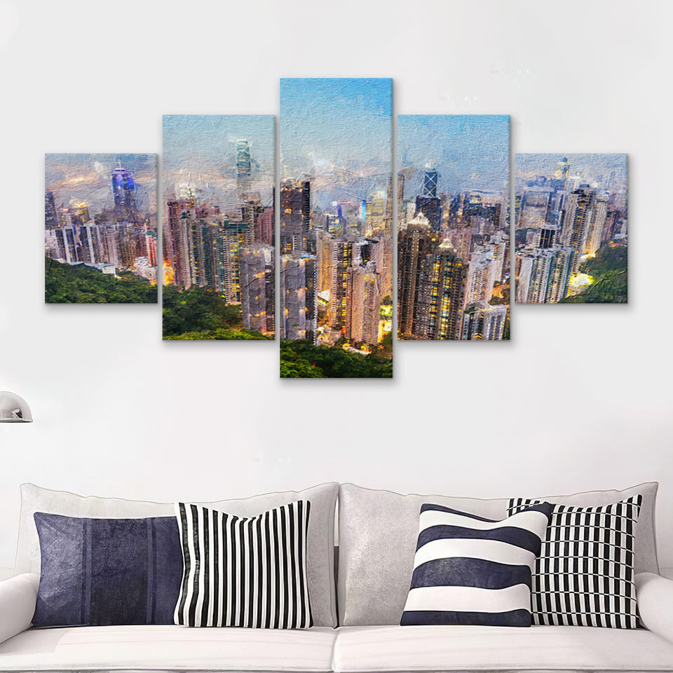 Hong Kong Cityscape Canvas Print View from Victoria Peak 5 Piece Canvas Prints Wall Art Decor - Painting Canvas, Multi Panels