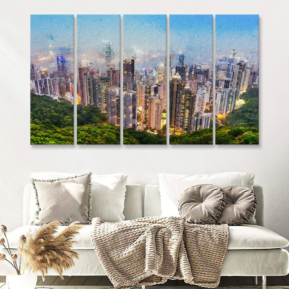 Hong Kong Cityscape Canvas Print View from Victoria Peak 5 Piece B Canvas Prints Wall Art Decor - Painting Canvas, Multi Panels