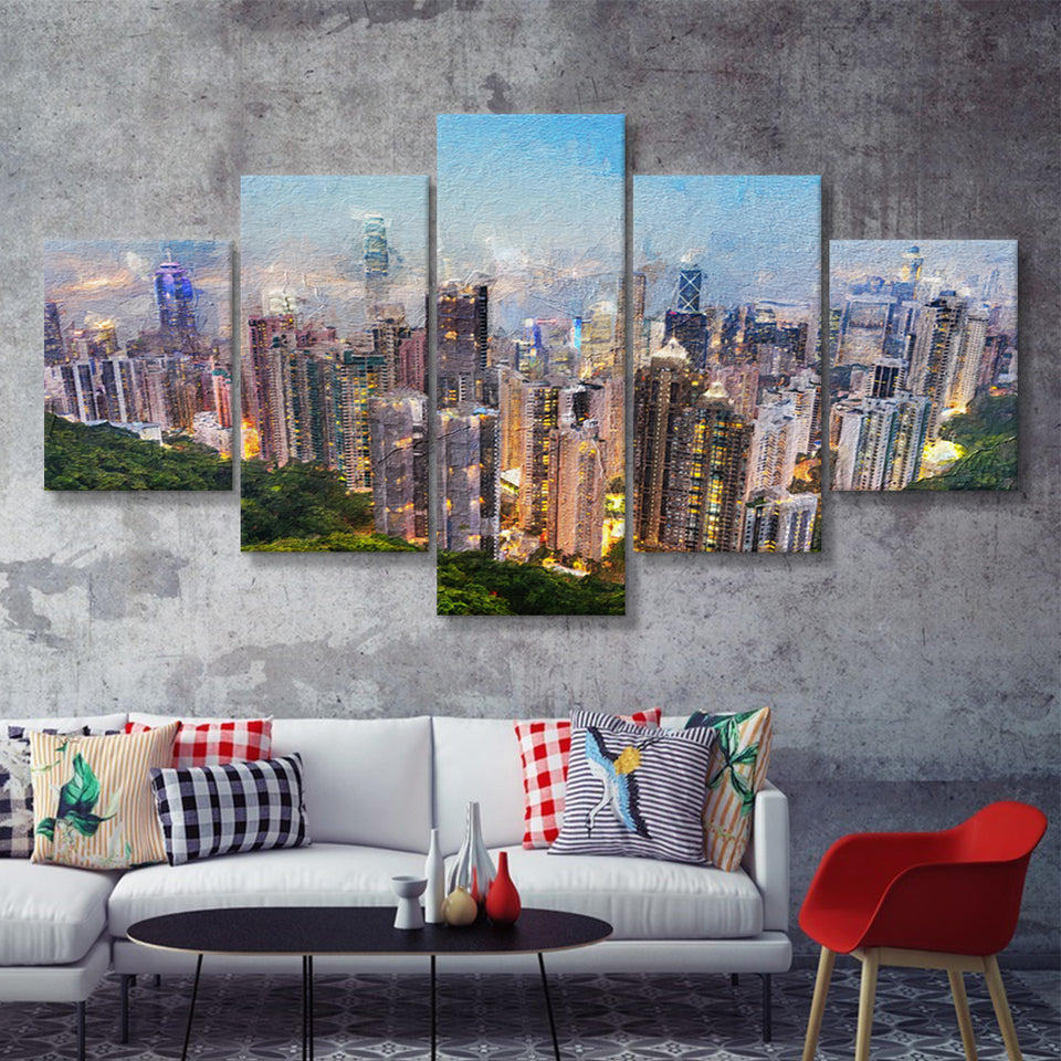Hong Kong Cityscape Canvas Print View from Victoria Peak 5 Piece Canvas Prints Wall Art Decor - Painting Canvas, Multi Panels