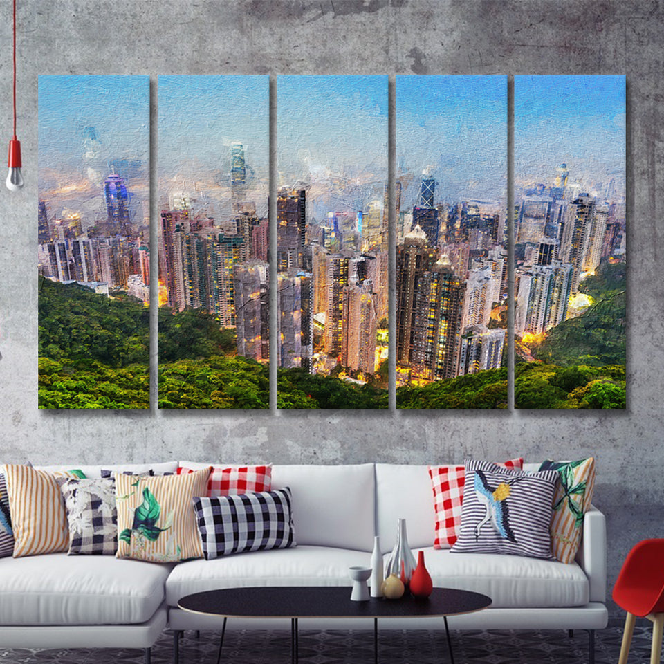 Hong Kong Cityscape Canvas Print View from Victoria Peak 5 Piece B Canvas Prints Wall Art Decor - Painting Canvas, Multi Panels