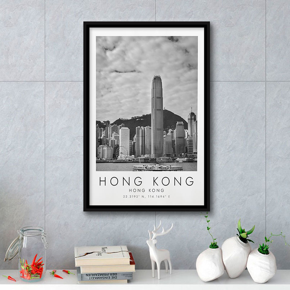 Hong Kong Black And White Art Framed Canvas Prints Wall Art Home Decor, Floating Frame