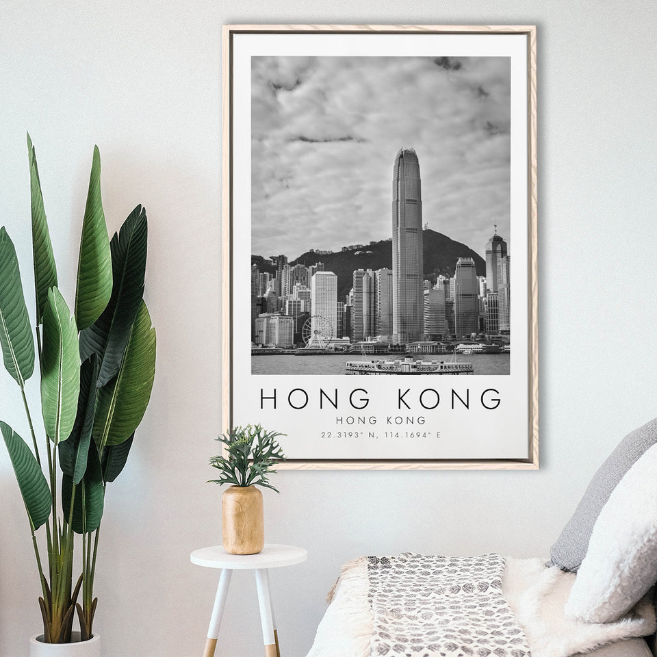 Hong Kong Black And White Art Framed Canvas Prints Wall Art Home Decor, Floating Frame