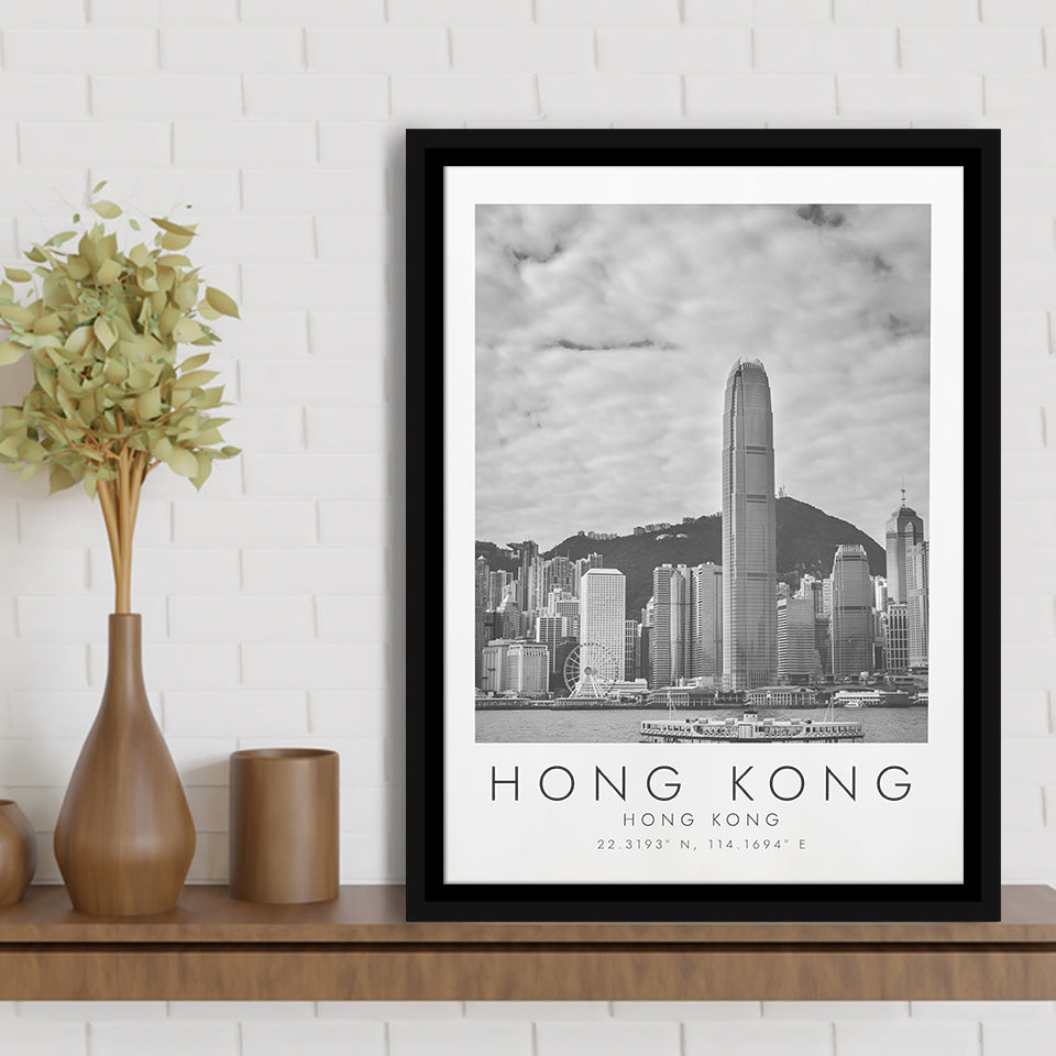 Hong Kong Black And White Art Framed Canvas Prints Wall Art Home Decor, Floating Frame
