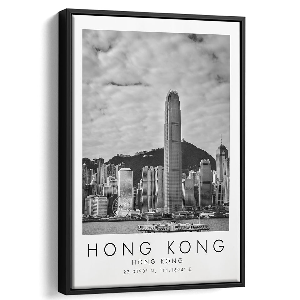 Hong Kong Black And White Art Framed Canvas Prints Wall Art Home Decor, Floating Frame