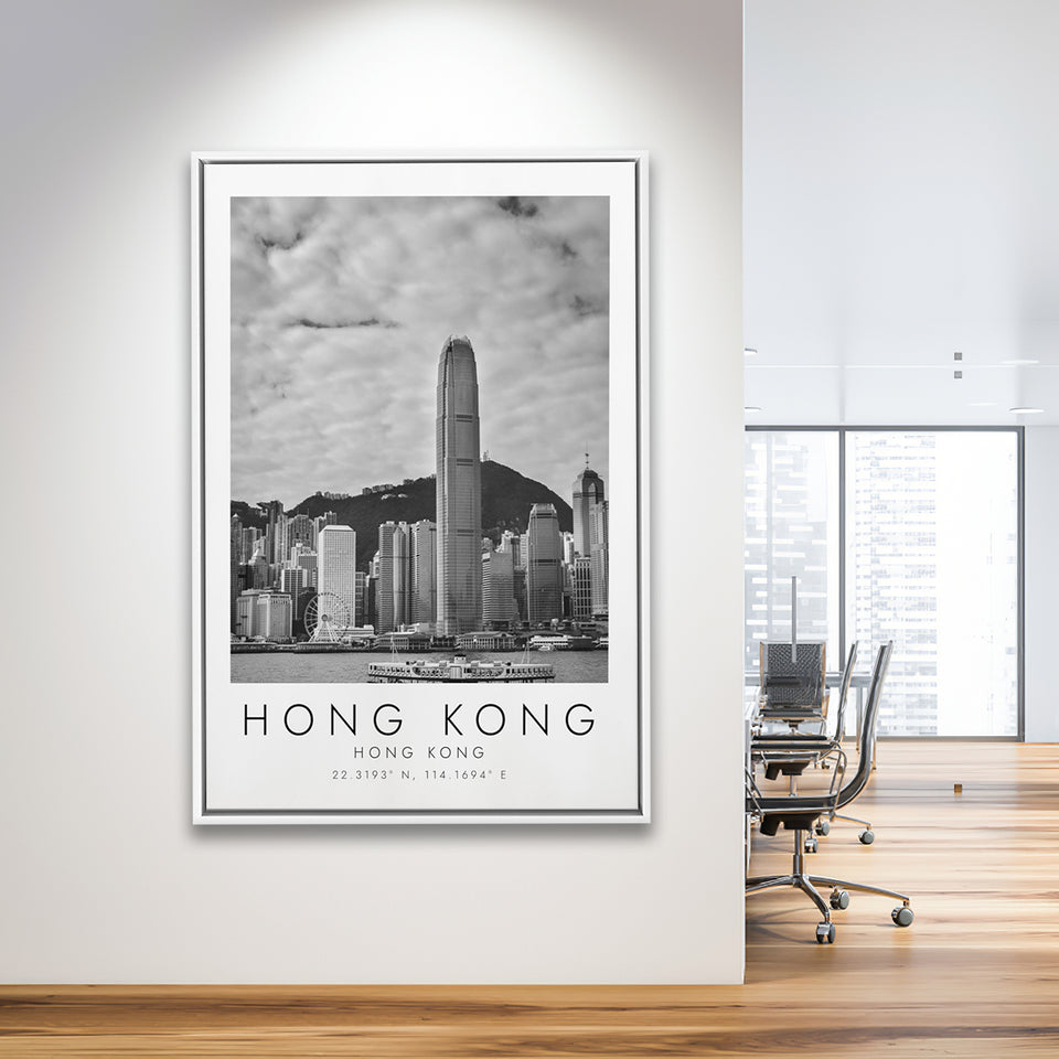 Hong Kong Black And White Art Framed Canvas Prints Wall Art Home Decor, Floating Frame