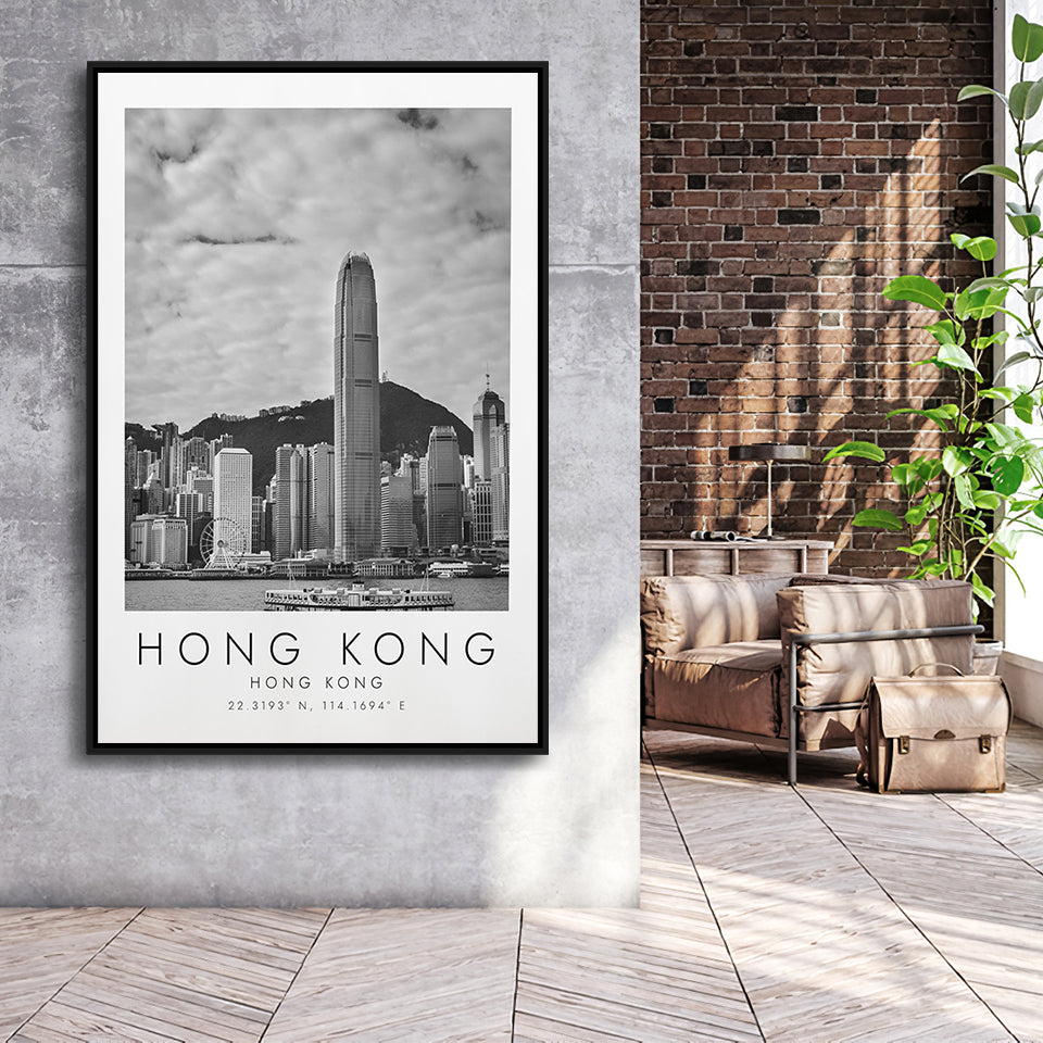 Hong Kong Black And White Art Framed Canvas Prints Wall Art Home Decor, Floating Frame