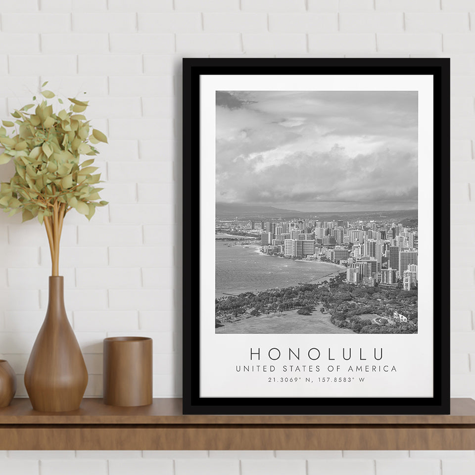 Honolulu Usa Black And White Art Framed Canvas Prints Wall Art Home Decor, Floating Frame
