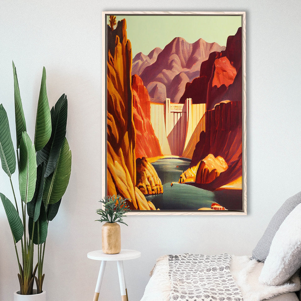 Hoover Dam Retro Art Print, Large Canvas, Framed Canvas Print Wall Art Home Decor, Floating Frame