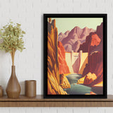 Hoover Dam Retro Art Print, Large Canvas, Framed Canvas Print Wall Art Home Decor, Floating Frame