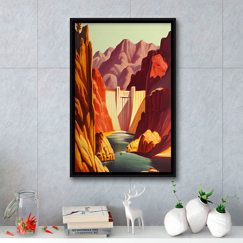 Hoover Dam Retro Art Print, Large Canvas, Framed Canvas Print Wall Art Home Decor, Floating Frame
