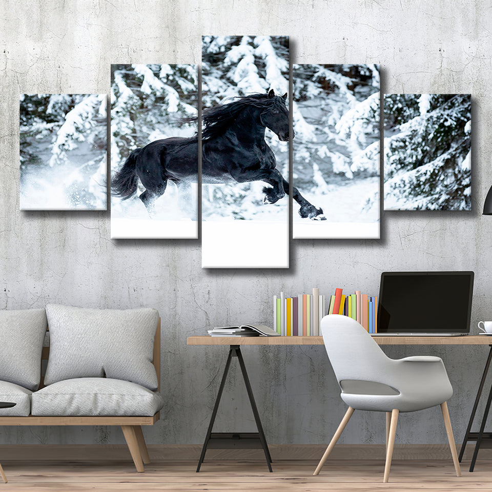 Horse Art Print Black Horse 5 Piece Canvas Prints Wall Art Decor, Multi Panels, Mixed Canvas