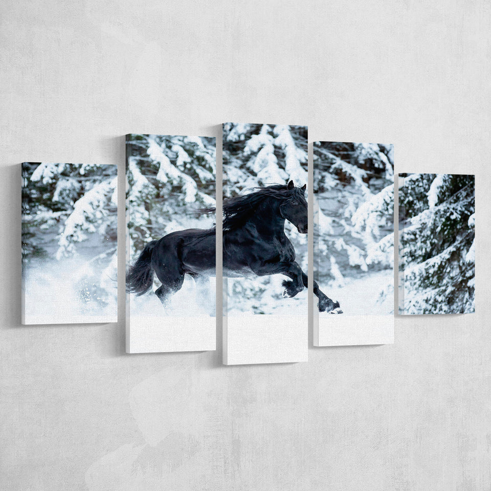 Horse Art Print Black Horse 5 Piece Canvas Prints Wall Art Decor, Multi Panels, Mixed Canvas