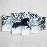 Horse Art Print Black Horse 5 Piece Canvas Prints Wall Art Decor, Multi Panels, Mixed Canvas
