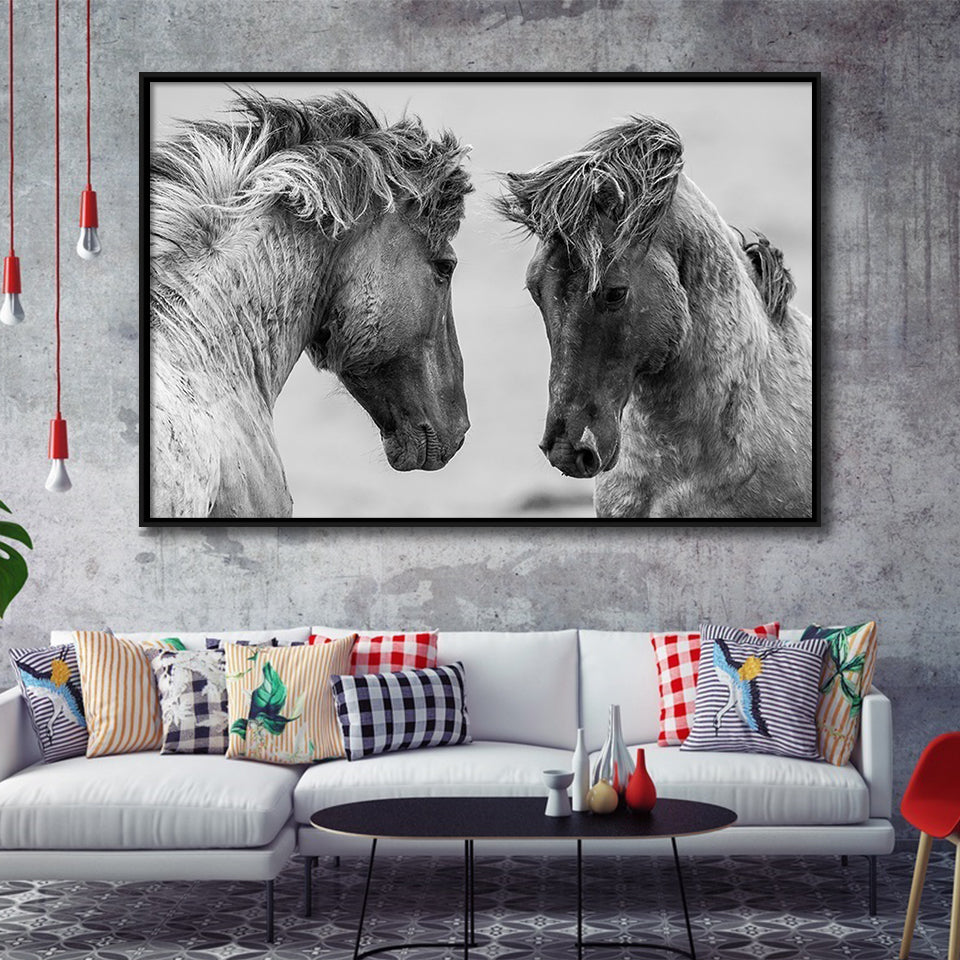 Horse Black White Horse Framed Canvas Prints Wall Art Decor, Framed Picture, Floating Frame