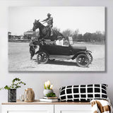 Horse Jumps A Car Black And White Print, Vintage Car Photo Canvas Prints Wall Art Home Decor