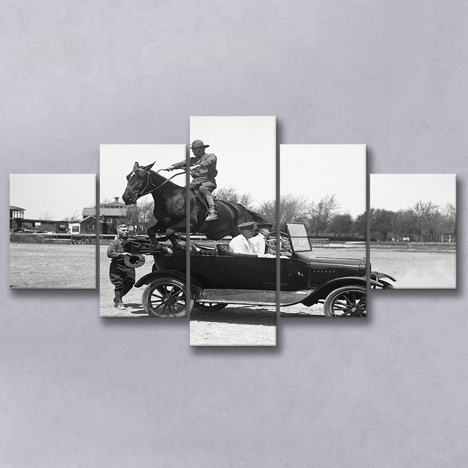 Horse Jumps A Car Black And White Print, Vintage Car Photo 5 Panels, Canvas Prints Wall Art Decor, Large Canvas Art