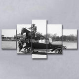Horse Jumps A Car Black And White Print, Vintage Car Photo 5 Panels, Canvas Prints Wall Art Decor, Large Canvas Art