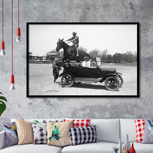 Horse Jumps A Car Black And White Print, Vintage Car Photo Framed Art Prints, Wall Art,Home Decor,Framed Picture
