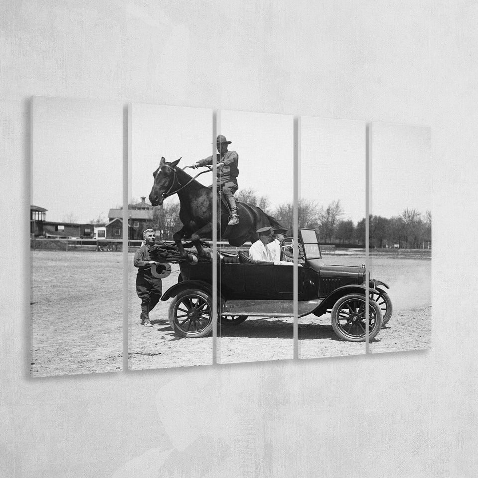Horse Jumps A Car Black And White Print, Vintage Car Photo Larger Canvas Art, 5 Piece Canvas Prints Wall Art Decor