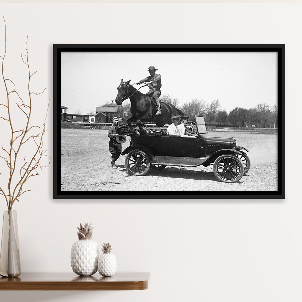 Horse Jumps A Car Black And White Print, Vintage Car Photo Framed Canvas Prints Wall Art Home Decor,Floating Frame