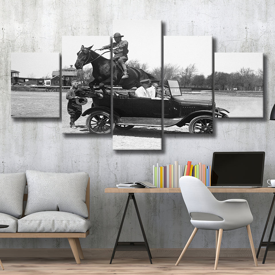 Horse Jumps A Car Black And White Print, Vintage Car Photo 5 Panels, Canvas Prints Wall Art Decor, Large Canvas Art
